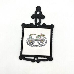 Vintage Cast Iron Ceramic Trivet Duryea's Motor Wagon 1895 San-Huan Black Ornate